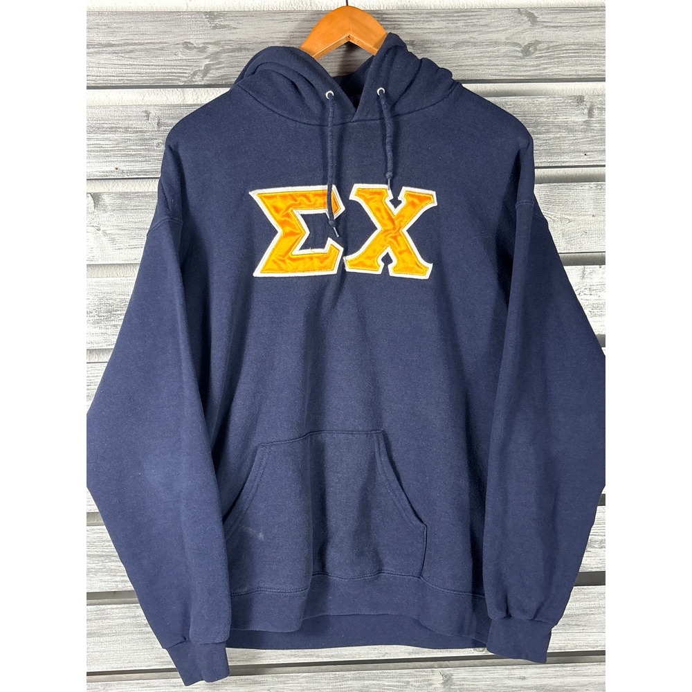 Vtg Lee Heavyweight Sigma Chi Fraternity Hoodie Navy Blue Greek Letter Mens L/M